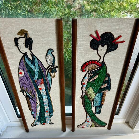 Mid-Century Gravel Art Wall Hangings – Asian Figures, 1960s Vintage Pair - Picture 4 of 13